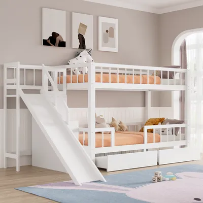 Produktbild von Merax Etagenbett 90x200cm mit Treppe und Leiter, Hochbett mit Rausfallschutz und 2 Schubladen, Massivholz Kinderbett mit Lattenrost und Magnettür Weiß