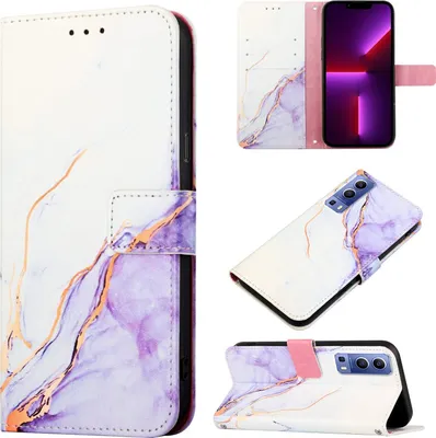 Produktbild von VIVO Y72 5G Hülle, Marmor Motiv Kunstleder Tasche Wallet Kartenfächer mit Standfunktion Klapp Schutzhülle für VIVO Y72 5G / Y52 5G Weiß Lila
