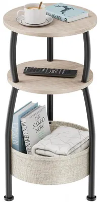 Obrázok produktu pre Prístranný stolík, okrúhly, 3-úrovňový, s látkovou taškou (30 x 61 cm), farba orecha, kovový rám