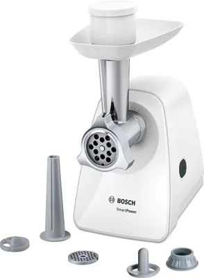 A white Bosch meat grinder with accessories on a white background.