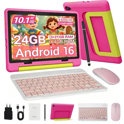 Produktbild von JENBIZZ Kinder Tablet Android 16 mit 10 Zoll, 24GB RAM, 64 GB, 6000 mAh, 8 MP Kamera, WiFi 6, Kindersicherung, mit Tastatur, Maus & Stift