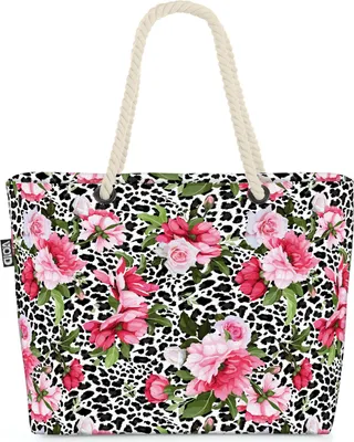 Produktbild von VOID Pfingstrosen Leopard Strandtasche Shopper 58x38x16cm 23L XXL Einkaufstasche Tasche Reisetasche Beach Bag