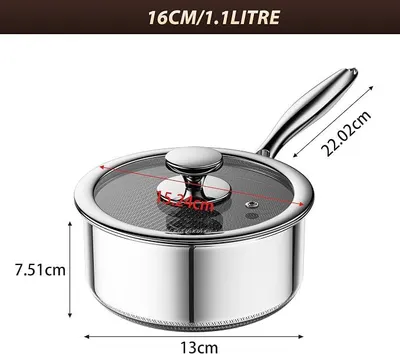 Produktbild von Zeropan Edelstahl Stielkasserolle 16cm (1.1L) mit Glasdeckel, Antihaft Milchtopf für alle Herdarten & Induktion