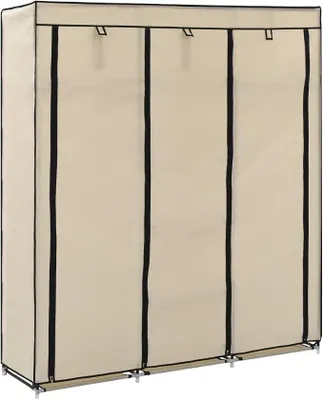Productafbeelding van Kledingkast met vakken en stangen, crème kleur, 150x45x175cm. Stoffen kast met planken, garderobekast, opbergkast voor slaapkamer of hal