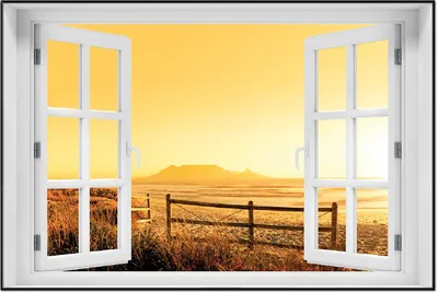 Produktbild von Wallario Wandbild mit Fenster-Illusion: Strand in Südafrika I - Himmel in orange, Größe: 61 x 91,5 cm, Poster mit schwarzem Aluminiumrahmen