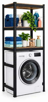 Productafbeelding van Relaxdays wasmachineplank, hoogte x breedte x diepte: 180 x 70 x 40 cm, 3 planken, draagvermogen: 600 kg, materiaal: staal, MDF, constructie: stekersysteem, kleur: zwart/bruin, AI-gegenereerde afbeelding