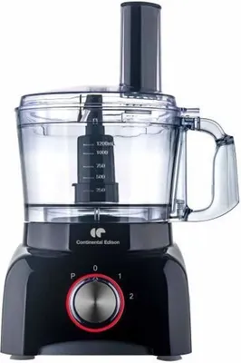 A studio shot of a black and transparent food processor.