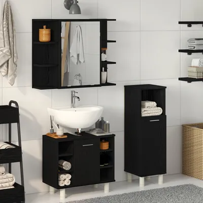 Produktbild von Möbel 3-tlg. Badmöbel-Set Schwarz Eiche Holzwerkstoff - Badezimmer 3333048