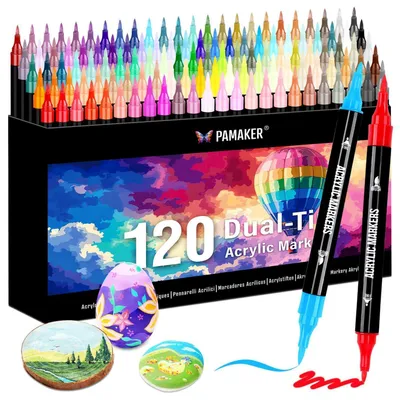 Immagine prodotto di Set di pennarelli acrilici con 120 colori, punta doppia, adatti per tessuti, pietra, vetro, Vetroceramica e legno