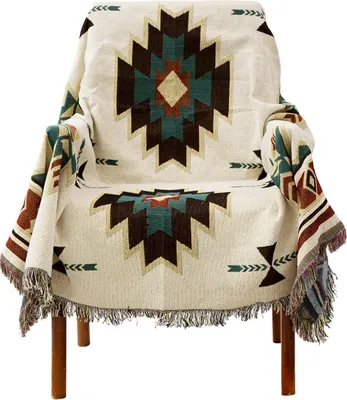 Produktbild von Decke mit Fransen,180*180cm gewebte tagesdecke im amerikanischen Ethno-Stil, geometrische Strickdecke Quasten Jacquard,Nachbildungativ für Zuhause,Büro,Reisen, Zelten