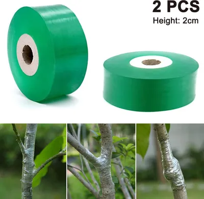 The top part of the image shows two rolls of green grafting tape on a white background. The bottom part shows three close-up images of tree branches being grafted with the tape.