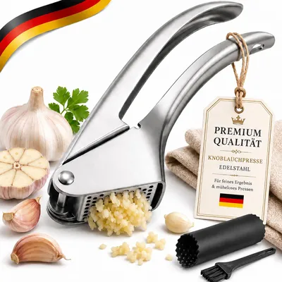 Knoblauchpresse aus Edelstahl, robust, mit Schäler und Bürste