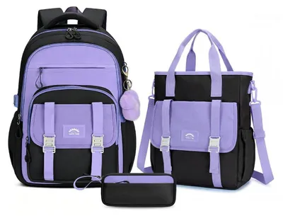 Image de Ensemble de sac à dos pour adolescents, 3 pièces : sac à dos, sac bandoulière, et trousse, 32 litres, noir et violet