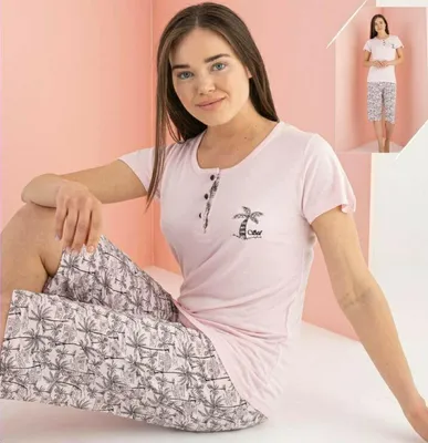 Produktbild von Damen Pyjama Schlafanzug Bermuda Rosa M Kurz Viskose 2-Teiler Set S-68