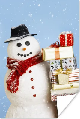 Produktbild von MuchoWow® Poster Ein Schneemann mit Weihnachtsgeschenken 60x90 cm - Wanddekoration