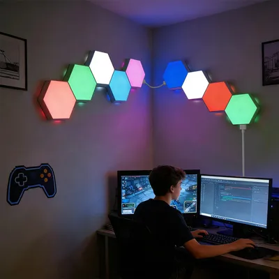 9er-Set sechseckige RGB-LED-Wandleuchten, USB, variable Farbe
