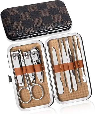 Image de Kit de manucure et pédicure Unyqoos® – 10 pièces – Coupe-ongles professionnel pour hommes, outils en acier de haute qualité, étui en cuir synthétique doré, idéal pour les voyages et les cadeaux