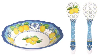 Produktbild von Schüssel + Salatbesteck SORRENTO Zitronen weiß blau gelb Melamin Easy Life