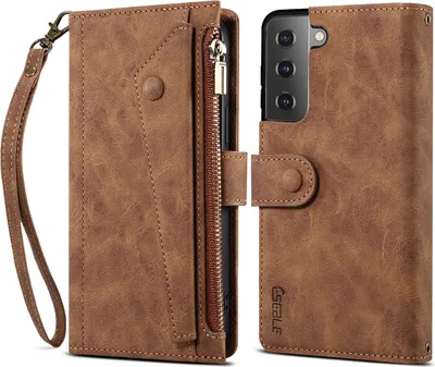 Produktbild von Schutzhülle für Samsung Galaxy S21 FE 5G Reißverschluss Hülle, Leder Klapphülle Kartenfach Standfunktion Brieftasche mit Trageband Braun