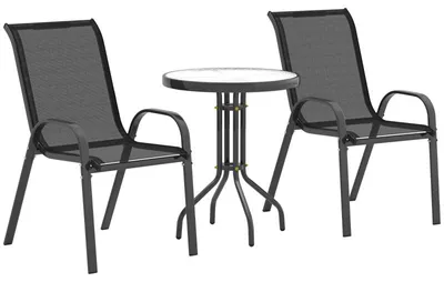 Produktbild von Bistro-Set 3-teilig Wetterfest Gartenmöbel Set mit Glastisch Stapelbare Gartenstühlen Schwarz
