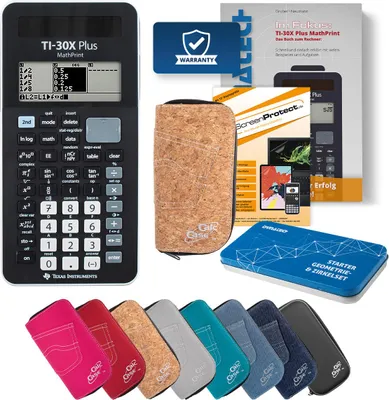 Produktbild von TI-30X Plus MP Taschenrechner mit Tasche kork, Schutzfolie, Buch & Zirkel Set