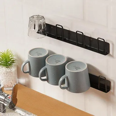 Produktbild von 2 Stück Wandmontierte Kaffeetassenhalter, ohne Bohren, mit 4 Hängern, Tassenhalter für Küche, Wohnzimmer, Büro (Schwarz)