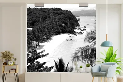 Produktbild von Strandfotobehang aus Palmblättern, 260 cm x 260 cm, Schwarz-Weiß