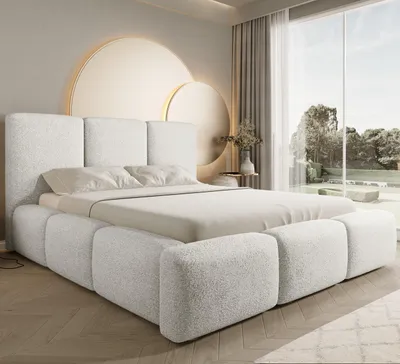 Zdjęcie produktu dla Łóżko tapicerowane Bubble 200×200 – tkanina Boucle, biały – z pojemnikiem i podnoszonym stelażem – nowoczesne, designerskie