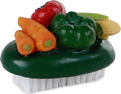 Produktbild von Gemüsebürste 7 x 4.5 x 4 cm mit Polyamidborsten, verziert mit 4 Kunstharz-Gemüsen
