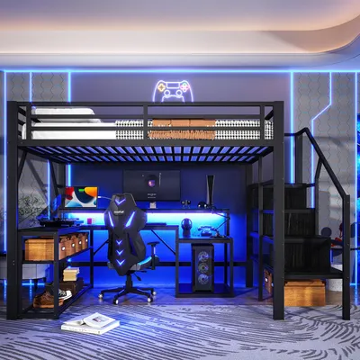 A loft bed with a desk and shelves underneath, illuminated by blue LED lights.