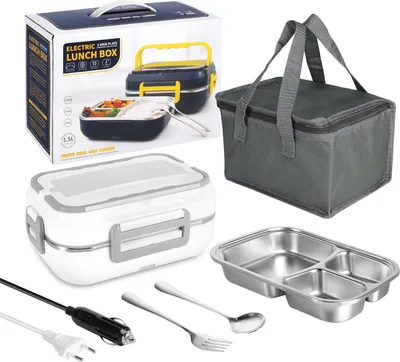 Obrázek produktu pro Topchances Elektrický obědový box, 60W 2 v 1 Přenosný ohřívací kontejner na jídlo, 220V 12V/24V Izolované pouzdro Vidlička a lžíce pro dospělé Děti Práce Domů Kancelář Auto, bílá barva