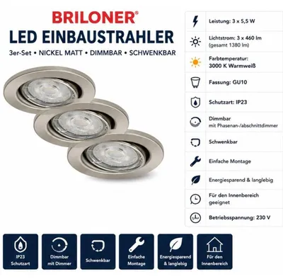 Produktbild von Briloner LED Einbaustrahler 3er Set Nickel Matt GU10 5,5W 460lm 3000K Dimmbar
