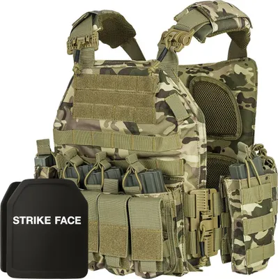Immagine prodotto di Set gilet tattico Multicam + 2 piastre balistiche NIJ IV, Linovit®, per airsoft, paintball, tiro a segno, outdoor, caccia, materiale Oxford 1000D, sistema MOLLE, resistente a proiettili perforanti 7,62x63mm M2 AP, verde mimetico