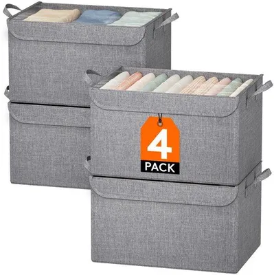 Image de Lot de quatre bacs de rangement pliables avec couvercles transparents, pour un usage quotidien à la maison.
