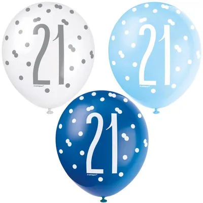 Produktbild von 6 Luftballons blau & silber Zahl 21