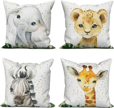 Obrázok produktu pre Sada 4 Detských Vankúšov 40x40 cm, Slon, Hroch, Lev, Žirafa, Prateľný, Detský