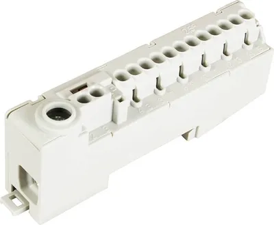 A close-up, isolated shot of a gray electrical connector block on a white background.