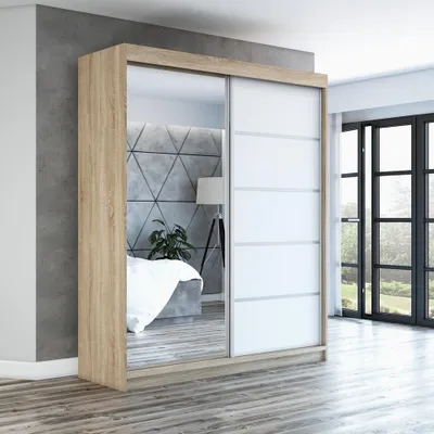 Produktbild von Schwebetürenschrank GAP 180 cm 2-türig Schrank mit Spiegel. Farbe: Sonoma / weiß