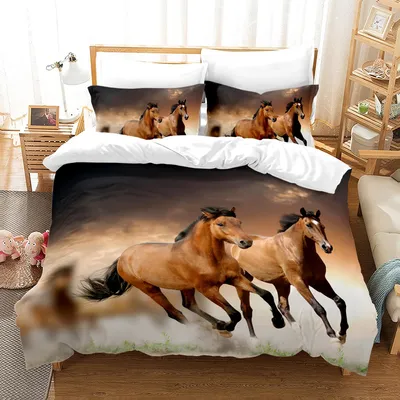 Produktbild von Omgoods – Mikrofaser-Bettbezug-Set mit Pferde-Motiv, 200x200 cm