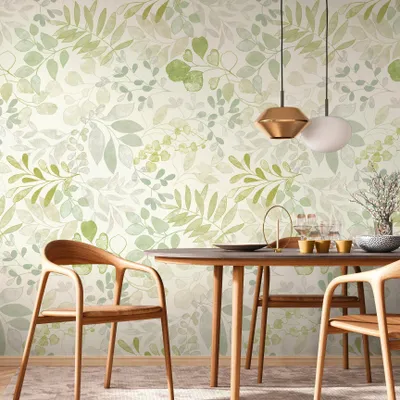 Produktbild von Botanische  Fototapete Beige Grün – Vlies Tapete mit zartem Blättermuster in Aquarelloptik AS-Creation (KG-174497)