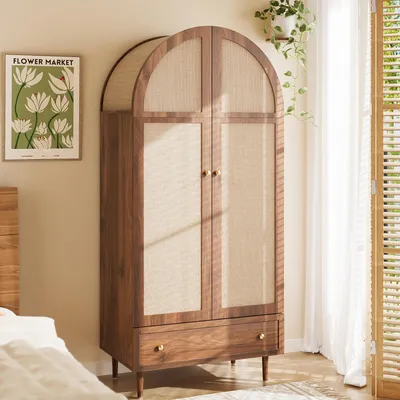 Produktbild von Merax Kleiderschrank mit Stofftüren und Schublade, Schrank in Bogenform und Walnussoptik,Garderobe mit Holzfüße, für Schlafzimmer & Ankleidezimmer, Holzfarbe