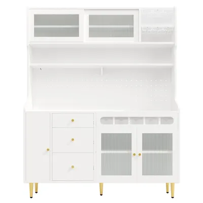 Produktbild von Flieks Küche Hochschrank mit Weinregal und Glashalter, Küchenbuffet Küchenschrank mit Led, Buffetständer Highboard mit Lochwandregalen, Weiß