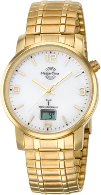 A close-up studio shot of a gold-colored men's watch with a white face.
