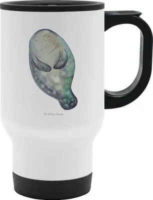 Produktbild von Mr. & Mrs. Panda Thermobecher Seekuh Happy - Weiß - Geschenk, Freundin, Liebeskummer, Neustart, Kaffee-Thermobecher, Meerestiere, Neuanfang, Mit Deckel, thermosbecher