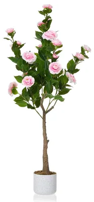 Image de Arbre de camélia artificiel, très réaliste - Plante en pot - 120 cm de haut - Arbre en plastique réaliste - Plante d'intérieur artificielle - 1 pièce - Fleurs roses