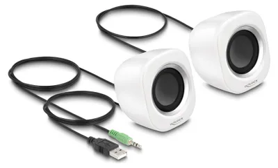 Produktbild von Delock Mini Stereo PC Lautsprecher mit 3,5 mm Klinkenstecker und USB Stromversorgung weiß