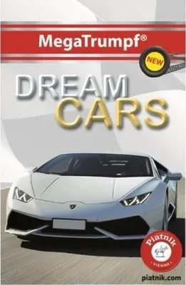 A white sports car is shown in front of a grey and white abstract background, with text overlays advertising "MegaTrumpf" and "DREAM CARS".