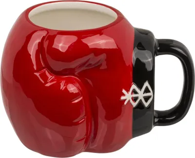 A close-up studio shot of a boxing glove-shaped mug.