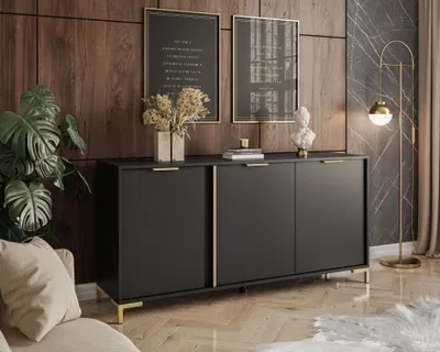 Produktbild von LARETTO dreitürige Kommode 153 cm 3D anthrazit goldene Beine