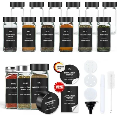 Produktbild von Gewürzgläser Eckig 120ml mit Etiketten Set 12 Stück Glas Schwarz